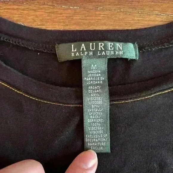 Lauren Ralph Lauren Women's Black Short Sleeve Tshirt with Gold Trim Sz M - Picture 10 of 11